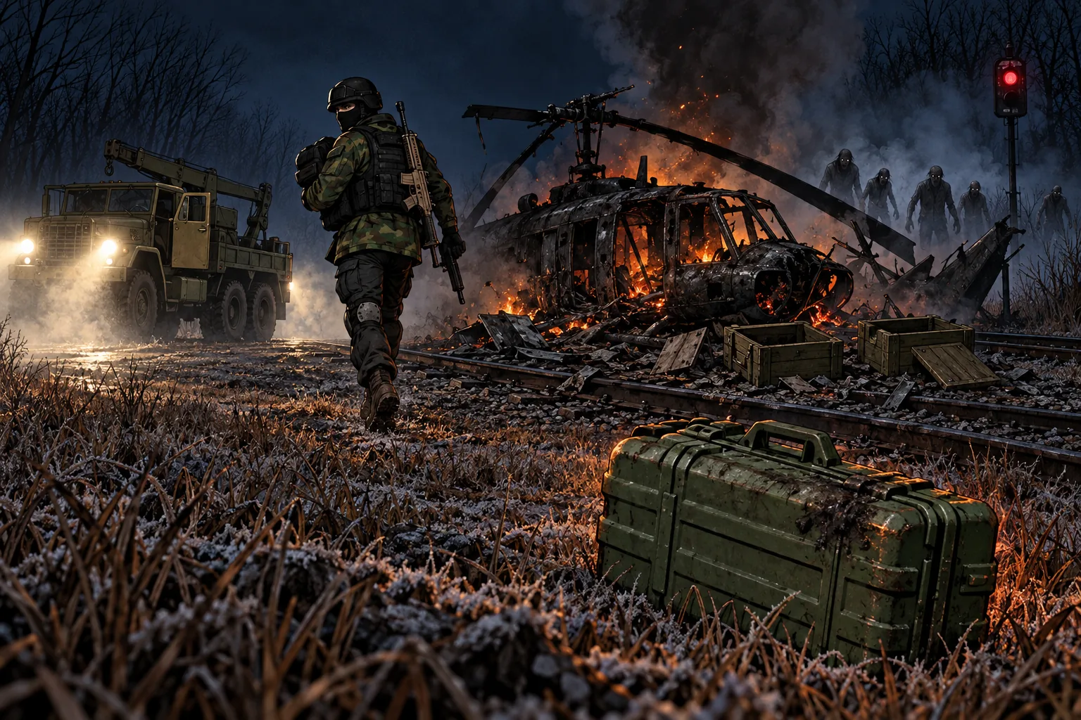 Night in a frosted rail yard: a burnt-out black Huey smoulders across the tracks beside two empty military crates, a man in a black helmet, balaclava and plate carrier over a green camo jacket walks back to an olive army wrecker truck with a rifle and an armful of gear, grey monsters shamble out of the smoke, and a small olive-green hard case lies forgotten in the grass in front.