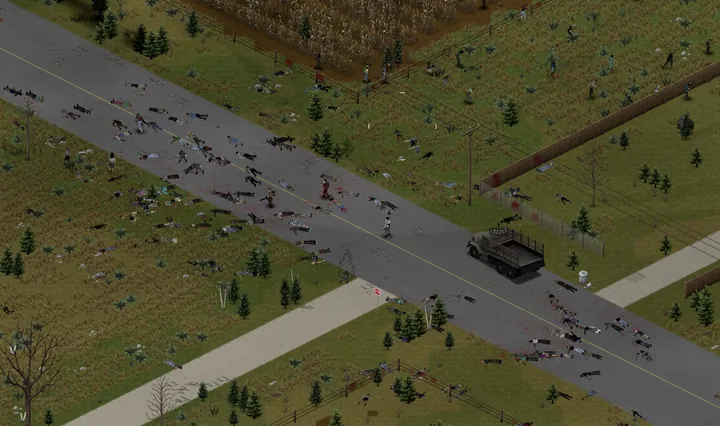 A game screenshot from above of an army cargo truck on a country road strewn with dozens of dead bodies beside a field, a few zombies still standing in the grass.
