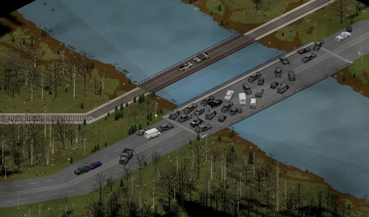 A game screenshot from above of the river crossing: the road bridge jammed with dozens of burnt-out cars, a white Skyline and a Humvee crossing on the narrow railway bridge beside it, a pickup towing a purple Skyline and an army cargo truck on the approach road, a police car with a trailer on the far bank.
