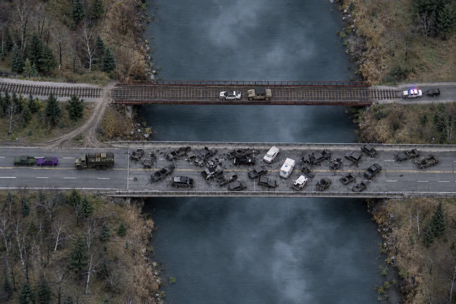 Straight down from a helicopter over a grey river: a white Skyline towing a tan Humvee drives along the narrow railway bridge, a police car with flashing lights and a small trailer waits at its far end, and the road bridge below is jammed with dozens of burnt-out cars and two ambulances; on the near bank a green pickup towing a purple Skyline and an army cargo truck loaded with crates drive away.