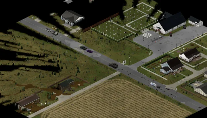 A game screenshot from above of the convoy on a road along the edge of a village, past a white church with a fenced graveyard, white houses with gardens and a wheat field.