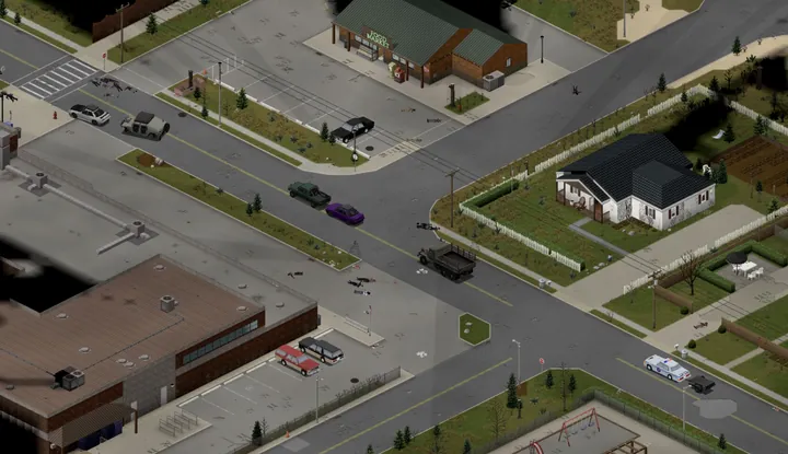 A game screenshot from above of the convoy crossing a town crossroads past a green-roofed shop, a white house behind a picket fence and a brick building, with a police car and trailer bringing up the rear.