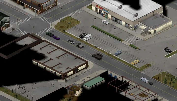 A game screenshot from above of the convoy rolling along a wide avenue in West Point past the GigaMart car park, a police car with a trailer at the back, bodies scattered in a yard on the near side.