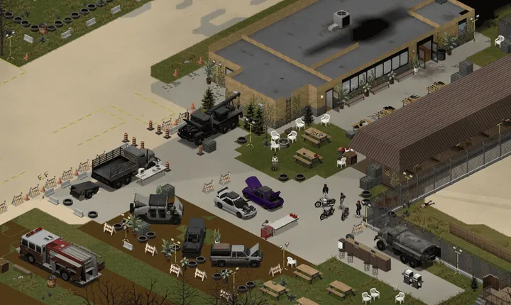 A game screenshot from above of the Valley Station gun club lot: a black tow truck and a black army cargo truck with a small trailer beside orange roadworks barrels, a Humvee, a black SUV and a silver pickup on a dirt bed edged with tyres and floodlights, a red fire engine, white and purple Skyline coupes with their bonnets up, three survivors by their motorbikes, white plastic chairs and picnic tables round a fire pit, a long covered firing range behind a chain-link fence, and a fuel tanker parked by a bar counter.