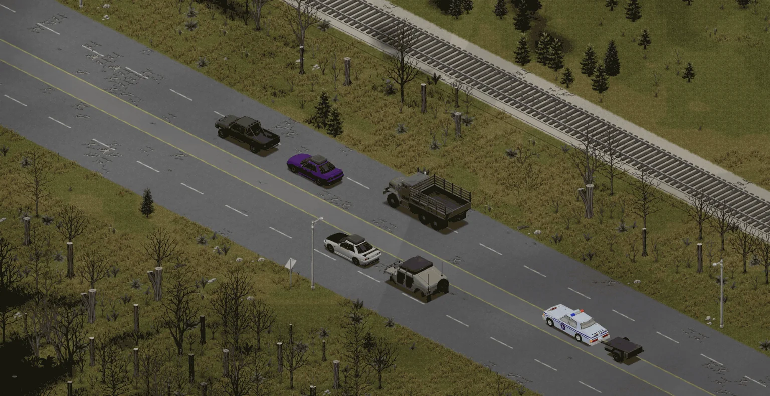 A game screenshot from above of the convoy on an empty four-lane highway beside a railway line: a dark pickup towing a purple Skyline, an olive army cargo truck, a white Skyline towing a tan Humvee, and at the back a police car towing a small black trailer, bare trees and stumps along both verges.