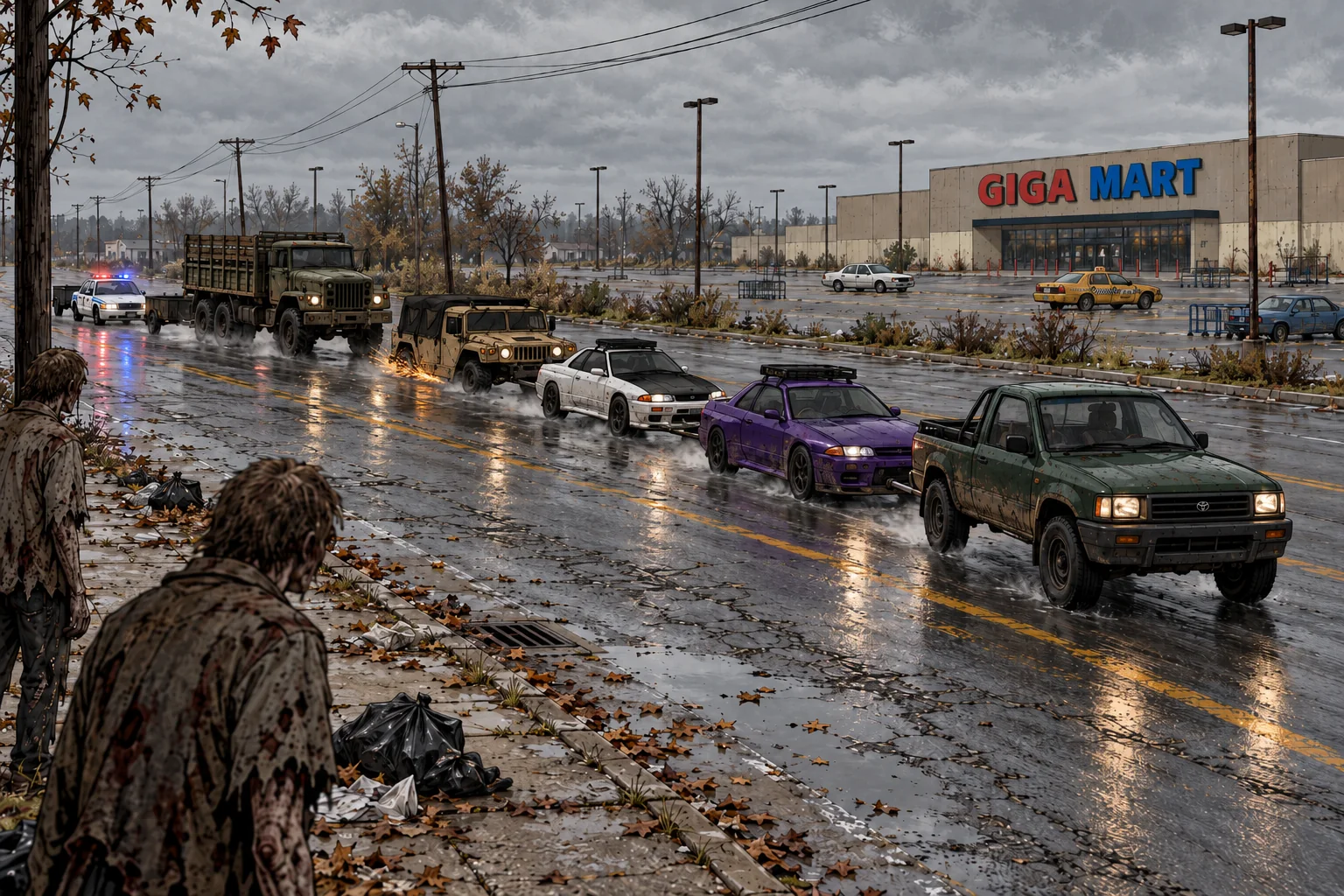 Rain on a wide avenue in West Point: a convoy rolls past the GIGA MART car park, led by a mud-green pickup towing a purple Skyline GT-R, then a white Skyline towing a tan Humvee, an olive army cargo truck and, at the back, a police car with its red and blue lights on towing a small trailer; two zombies on the wet pavement in the foreground watch it pass among dead leaves and trash bags, an abandoned taxi and sedans in the car park behind.