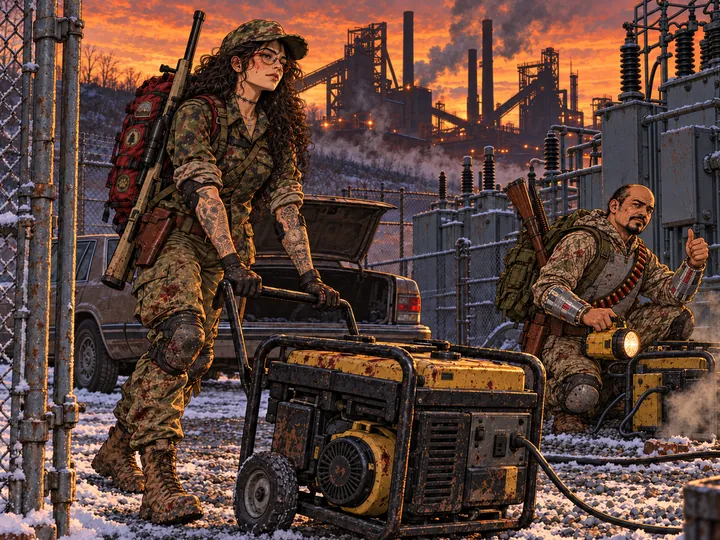 At sunset by a steelworks substation, a woman in a camo cap and field jacket with a sniper rifle on her back wheels a yellow generator through the fence gate while a balding man in camo with a shotgun and a lantern crouches by a second one; a sedan with its trunk open waits behind them.