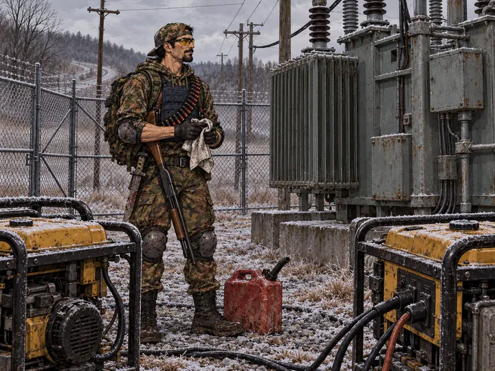 On a frosty afternoon at a small highway substation, a lean man in a backwards camo cap, shooting glasses and a navy vest stands alone between two running yellow generators, a shotgun slung and a red gas can at his feet.