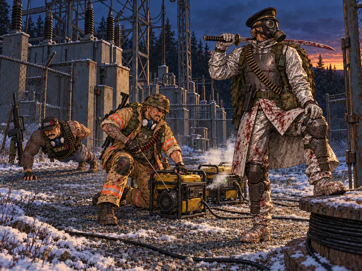 At last light in a snowy substation yard, a man in a camo helmet and firefighter coat kneels to yank a generator's start cord while a second one already runs; by the gate a figure in a silver coat, gas mask and peaked cap strikes a heroic pose with a bloodied katana over his shoulder and one boot up on a cable drum, and off to the side a man in a SWAG cap does one-armed push-ups on the gravel.