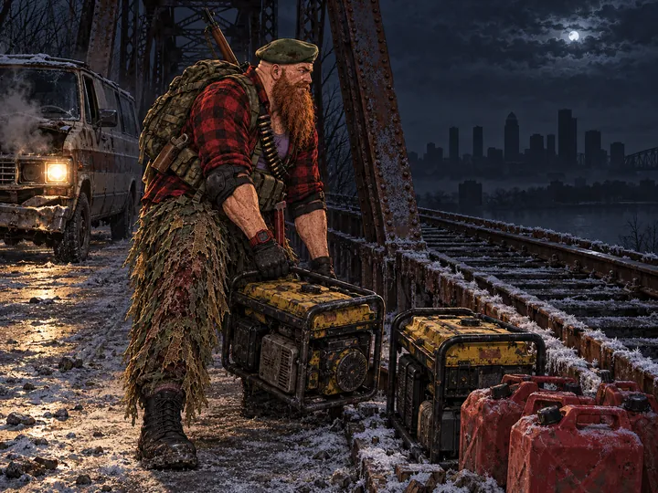 At night on an old steel railway bridge, a bald man with a long ginger beard, a beret and ghillie trousers sets a yellow generator down by the rails beside a stack of red gas cans, his battered van steaming behind him and a dark city skyline beyond.