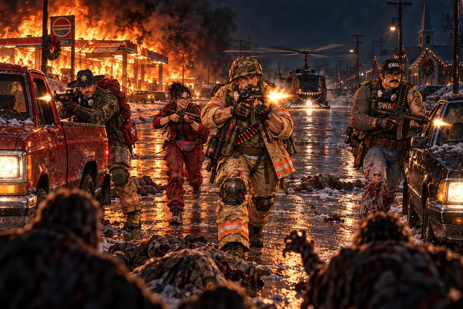 Head-on down a snowy small-town road on Christmas night: a gas station burns on the left behind a red pickup, a black sedan sits on the right, and far down the road the shark-mouthed black Huey idles with its rotor turning; four survivors advance out of the firelight shooting, a cameraman in a camo helmet and firefighter coat in front, a deputy in a campaign hat by the pickup, a woman in red coveralls in the middle and a moustached man in a SWAG cap by the sedan, the dead silhouetted in the foreground.