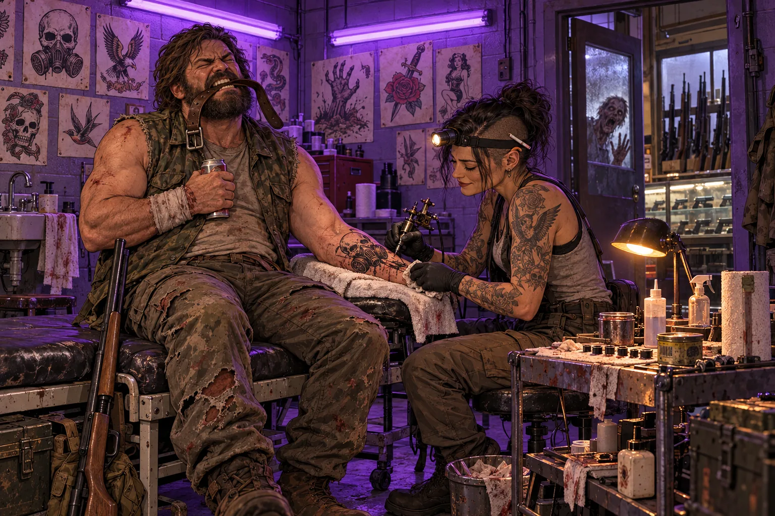 In a cramped back room lit purple by fluorescent tubes, a big bearded survivor sits on a padded bench biting a leather belt, eyes squeezed shut, a can of beer clutched to his chest and a shotgun leaning beside him, while a tattooed woman with an undercut and a headlamp calmly inks a gas-mask skull on his forearm; tattoo flash covers the walls, and through the doorway a zombie presses its face to the shop window beside a rack of rifles.