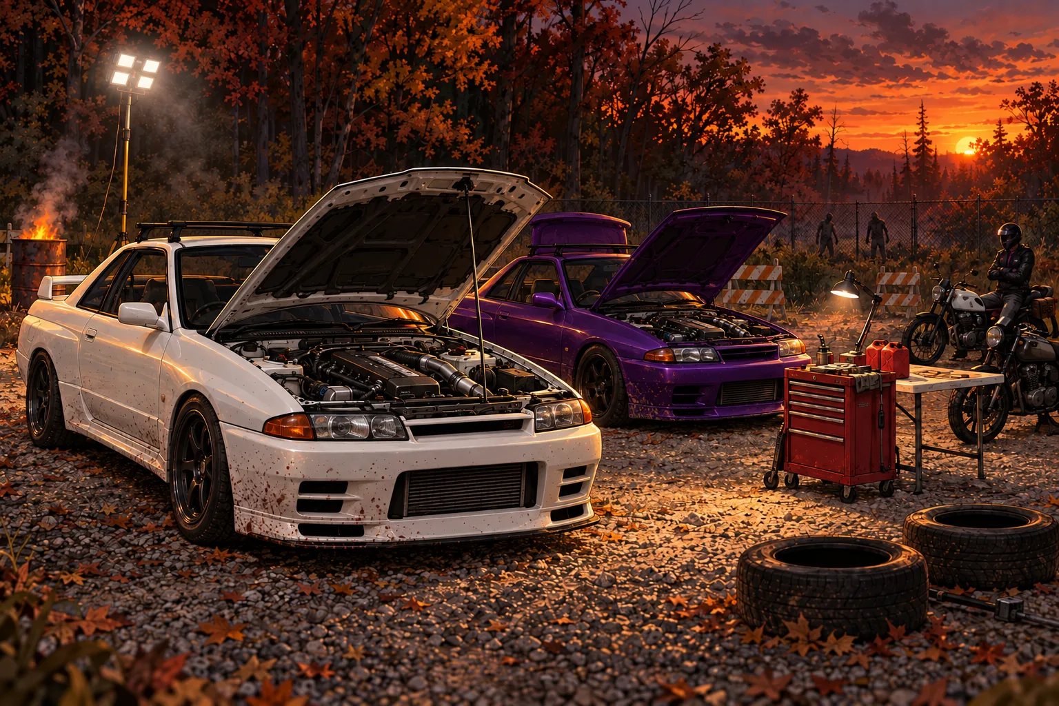 Two early-90s Nissan Skyline GT-R coupes, one pearl white and one deep purple, parked side by side on a gravel lot at dusk with their bonnets up and engines showing, under a floodlight; a red tool chest with a work lamp, a table with red jerry cans, roadworks barricades, a pair of tyres, two motorbikes with a rider in black leathers and a helmet, a burning barrel, and zombies watching from behind a chain-link fence in the autumn forest.