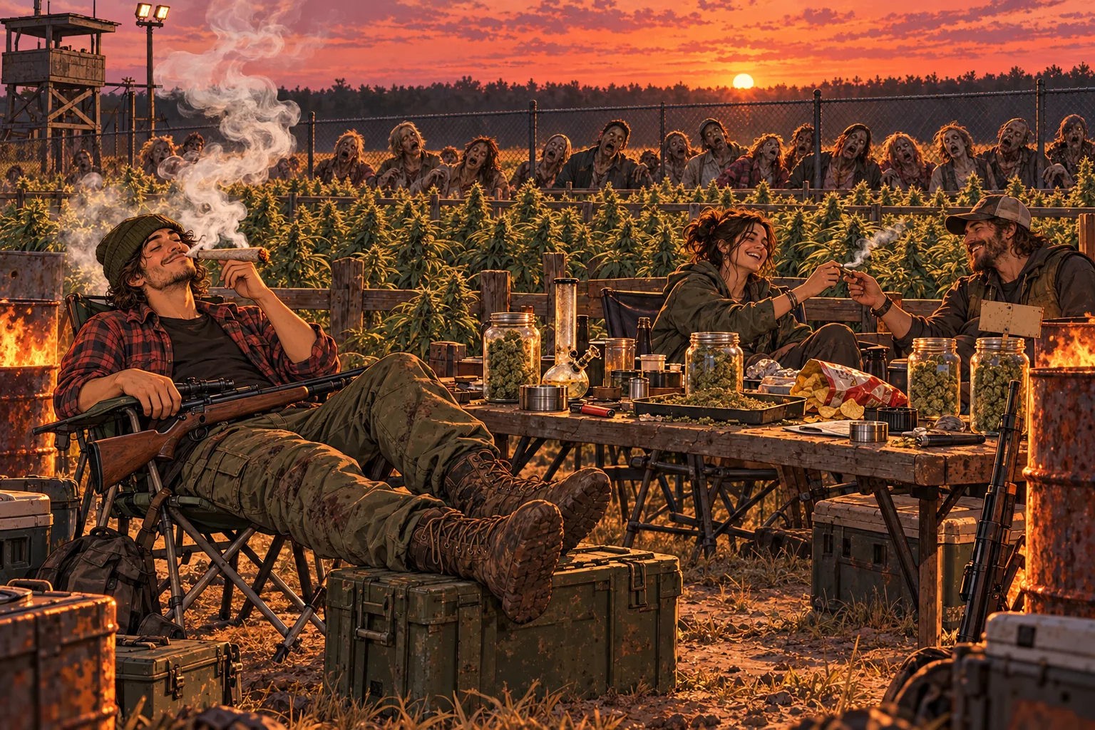 A survivor in a beanie and flannel shirt lies back in a camping chair with his boots up on an ammo crate, eyes closed, smoking a huge blunt, a scoped rifle across his lap; on the trestle table beside him jars of buds, a bong, grinders and a bag of crisps; two more survivors laugh and pass a joint; behind them rows of cannabis plants, burning barrels, a watchtower, and a long line of zombies pressed against the chain-link fence at sunset, staring.
