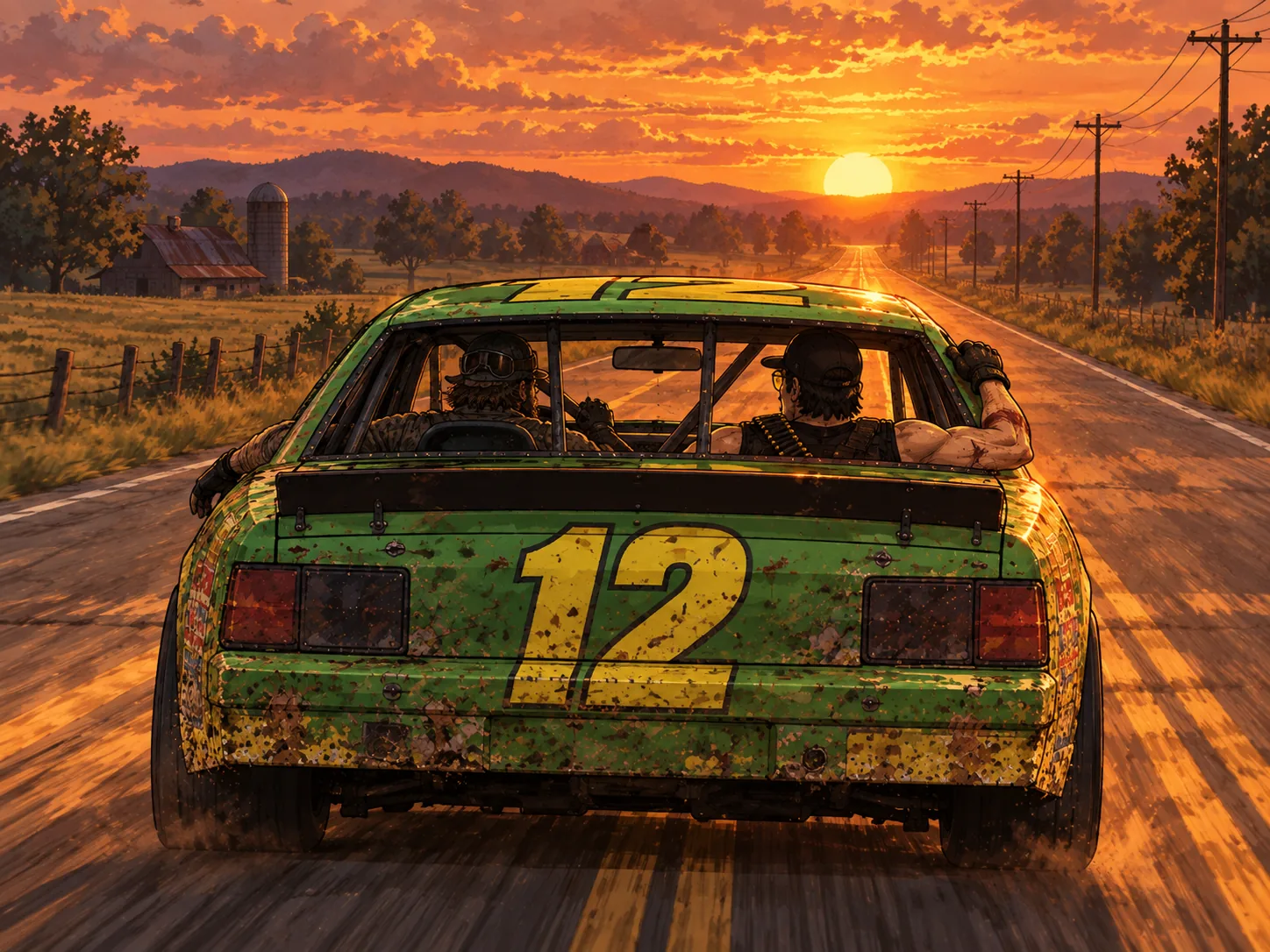 The green number 12 stock car from behind, two men inside, one arm out of the window, on a long straight country road into a blazing orange sunset.