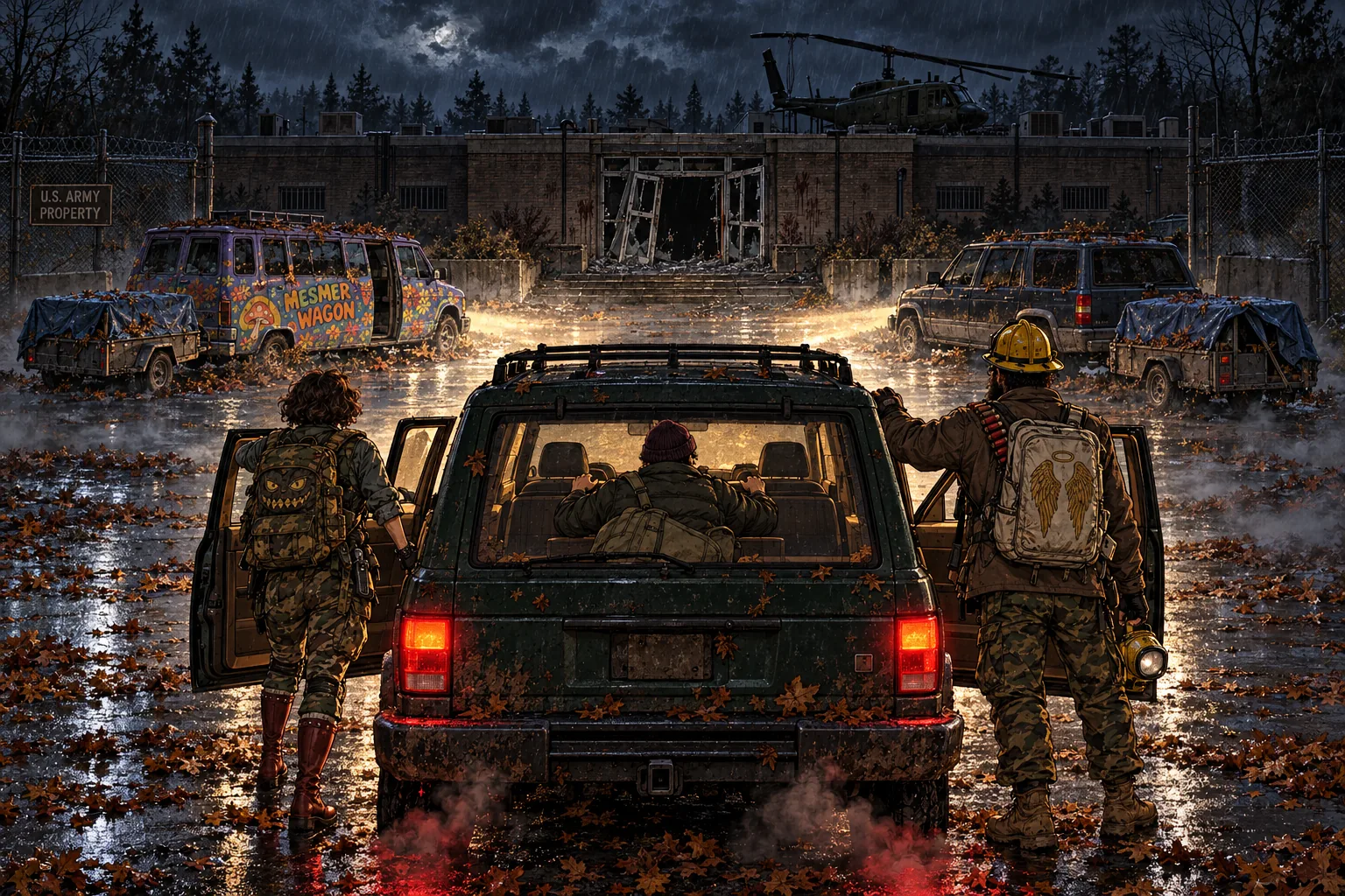 Seen from behind at night in the rain: a muddy dark-green SUV with its doors open and headlights on stops in the car park of a brick military facility with smashed glass doors and a helicopter on its roof; a curly-haired woman with a goblin-faced backpack and red boots stands at the driver's door, a man in a yellow fire helmet with an angel-winged pack at the passenger door, and a man in a plum beanie leans between the front seats inside; ahead of them a psychedelic MESMER WAGON van and a blue SUV, both with blue-tarp trailers, sit abandoned under autumn leaves.