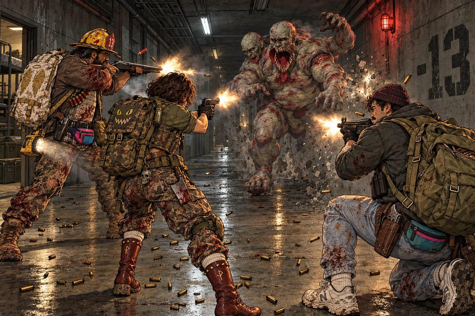 In a concrete corridor stencilled -13, three survivors open fire on a charging two-headed, three-armed bloated monster with a gaping fanged mouth: a bearded man in a yellow fire helmet numbered 13 with a pump shotgun and an angel-winged pack, a woman with curly hair, a goblin-faced backpack and red studded boots firing a pistol, and a kneeling man in a plum beanie and white trainers firing a rifle; brass casings litter the wet floor.