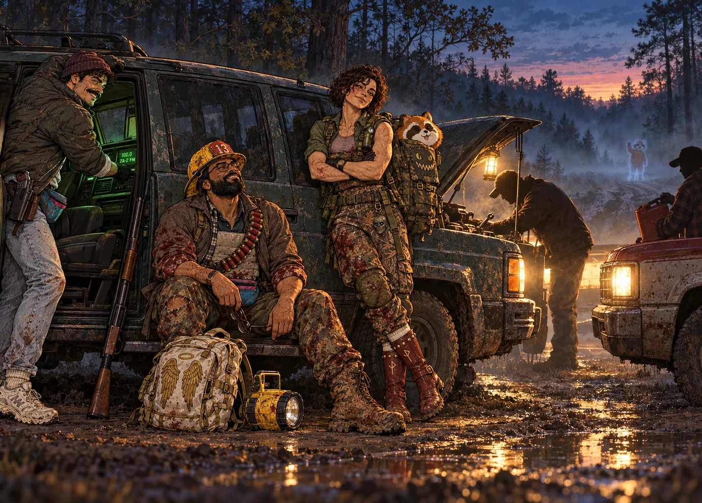 Dawn on a muddy forest road: a man in a plum beanie leans into a dark-green SUV whose radio glows 100.0 ZA-Z FM; a bearded man in a yellow fire helmet sits on the sill smiling with his eyes closed; a woman in red studded boots leans on the car with her arms folded, an orange raccoon mascot head poking out of her backpack; strangers in silhouette fix the engine and carry a jerry can by a red pickup, and far off in the mist a faint glowing mascot figure waves.