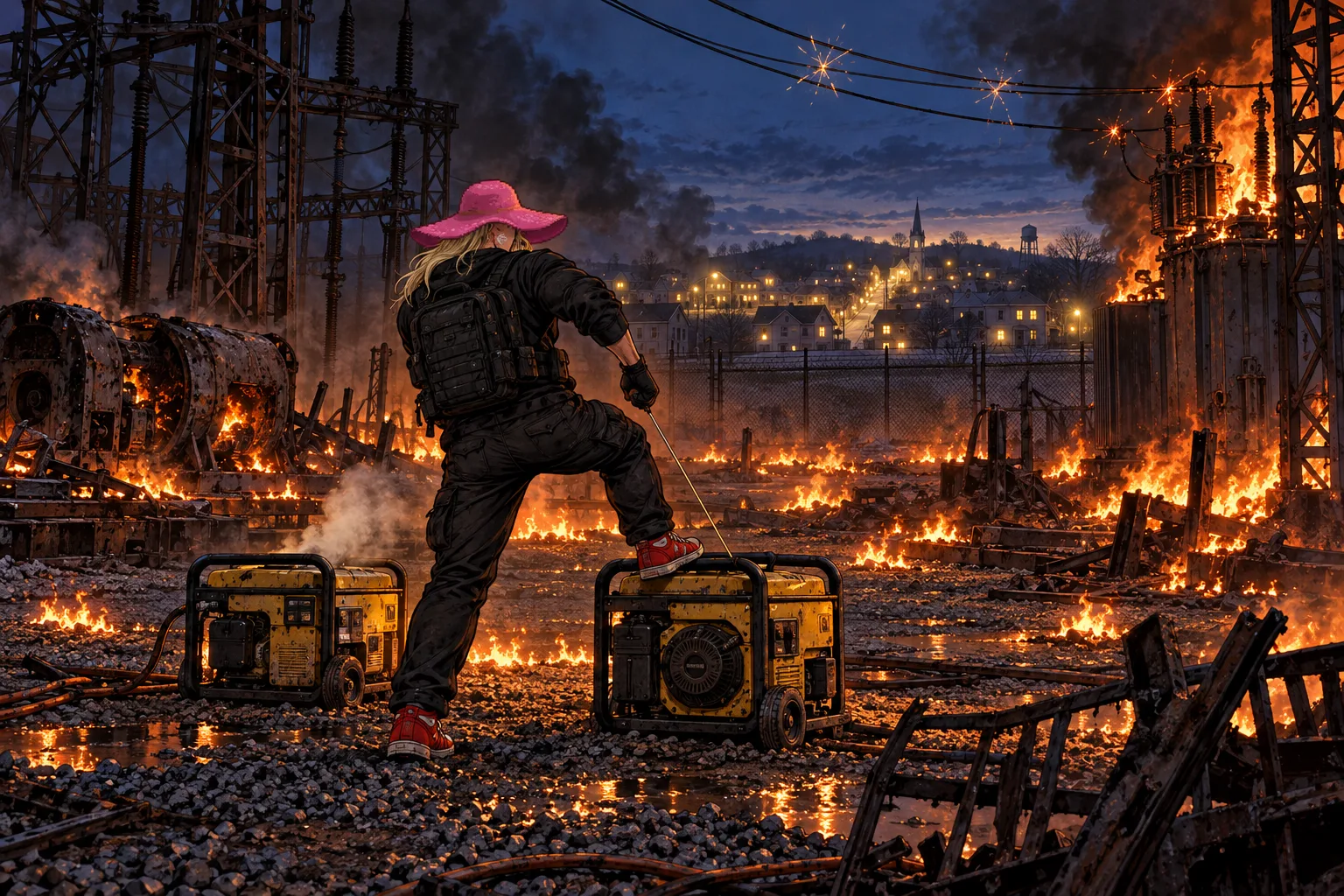 From behind, inside a substation yard still burning before dawn: a man in head-to-toe black tactical gear, a black backpack, red sneakers and a big floppy pink summer hat, long blond hair spilling out under it, has one sneaker planted on a yellow generator and rips its start cord, a second generator steaming beside him, while the town on the hill beyond the fence lights back up.