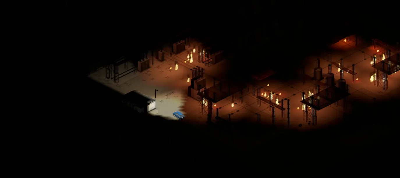 A game screenshot from above at night: the Rosewood South substation yard, its gantries and transformers dotted with dozens of small fires, a light-blue car parked under a lamp by the control hut.