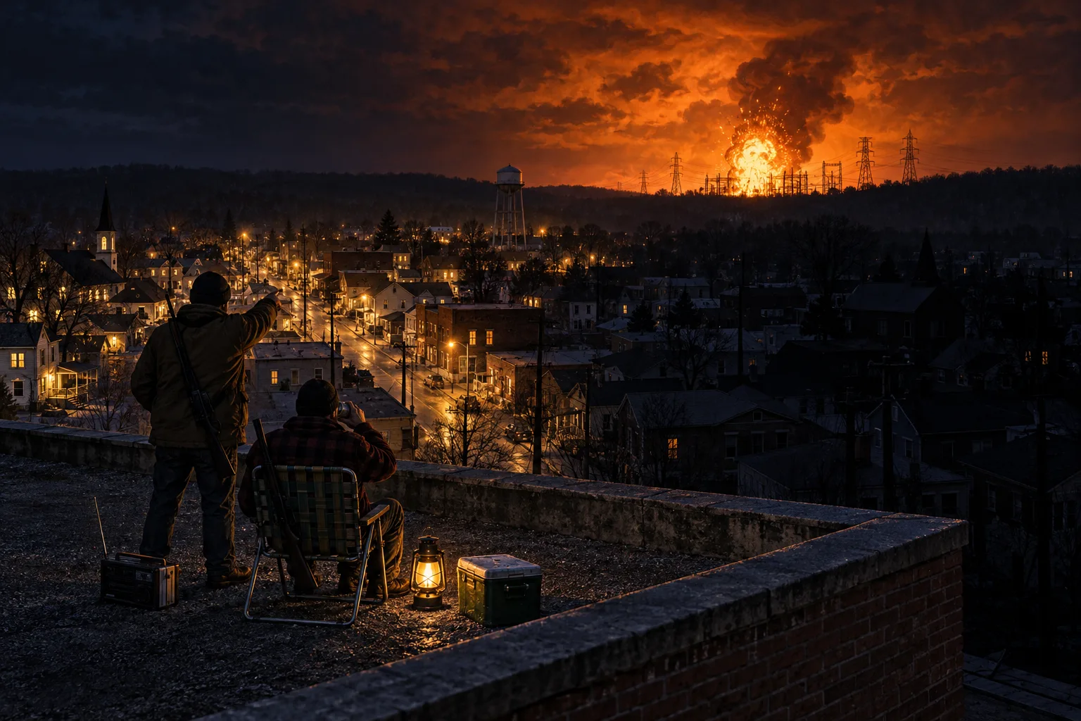 Night from a brick rooftop over a small Kentucky town: one survivor stands pointing south while another sits in a lawn chair with a can raised, a lantern, a radio and a cooler beside them; half the town below still glows with street lights while the other half has gone dark, and on the horizon a fireball rises over a substation's pylons, lighting the clouds deep orange.