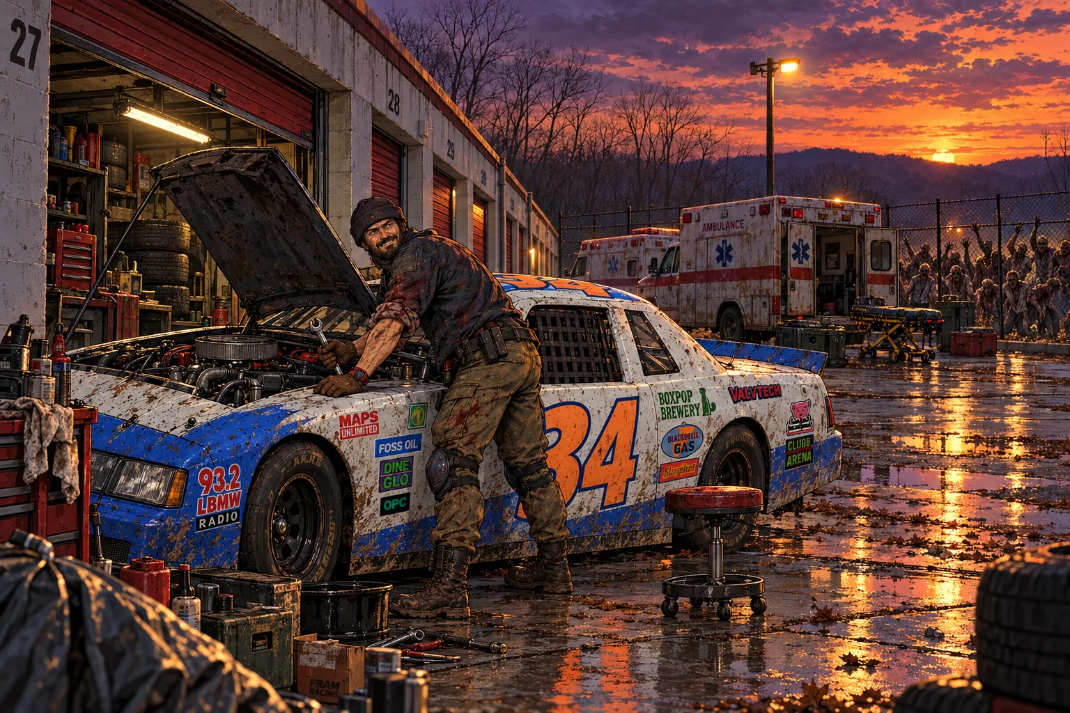 At sunset in a rain-wet storage lot with red roll-up doors, a grinning bearded man in a beanie leans into the open engine bay of the white and blue number 34 stock car with a wrench, a red watch on his wrist; behind him two ambulances are parked by a chain-link fence where the dead press against the wire.