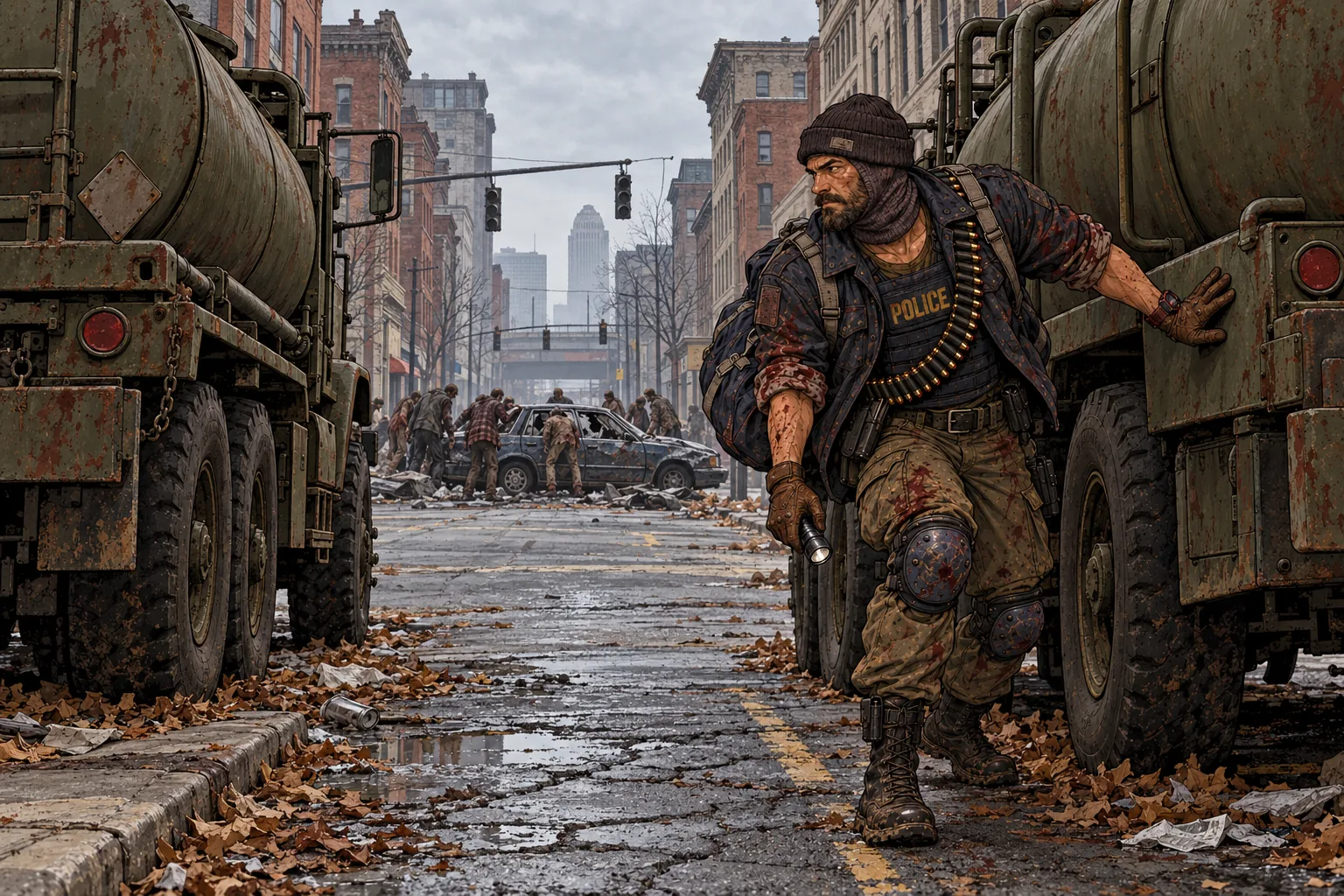 On a grey day in downtown Louisville a bearded man in a dark beanie, a bloodstained jacket over a police vest, a bandolier of brass cartridges and navy kneepads creeps between two rusting olive army tanker trucks, one gloved hand on the steel and a flashlight in the other, a navy duffel bag on his back; down the leaf-strewn street behind him a dark sedan with its windows smashed sits slewed across the lane, the dead crowded around it.