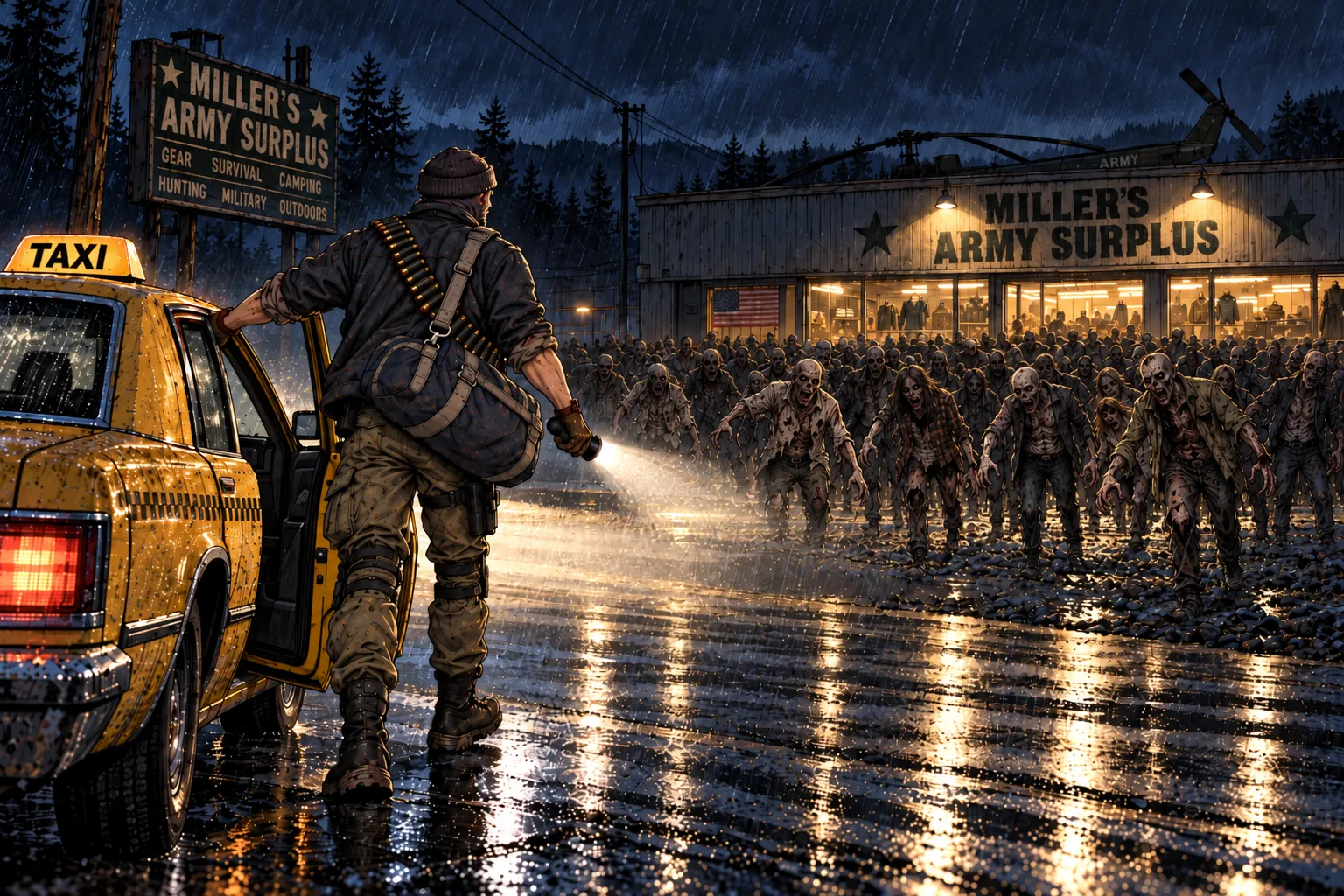 At night in pouring rain a man in a beanie with a duffel bag and a bandolier steps out of the open door of a yellow taxi and shines a flashlight across a wet car park at a roadside army surplus store with a helicopter's tail rotor showing over its roof; a packed crowd of the dead is pouring across the lot toward him, every face turned into the light.