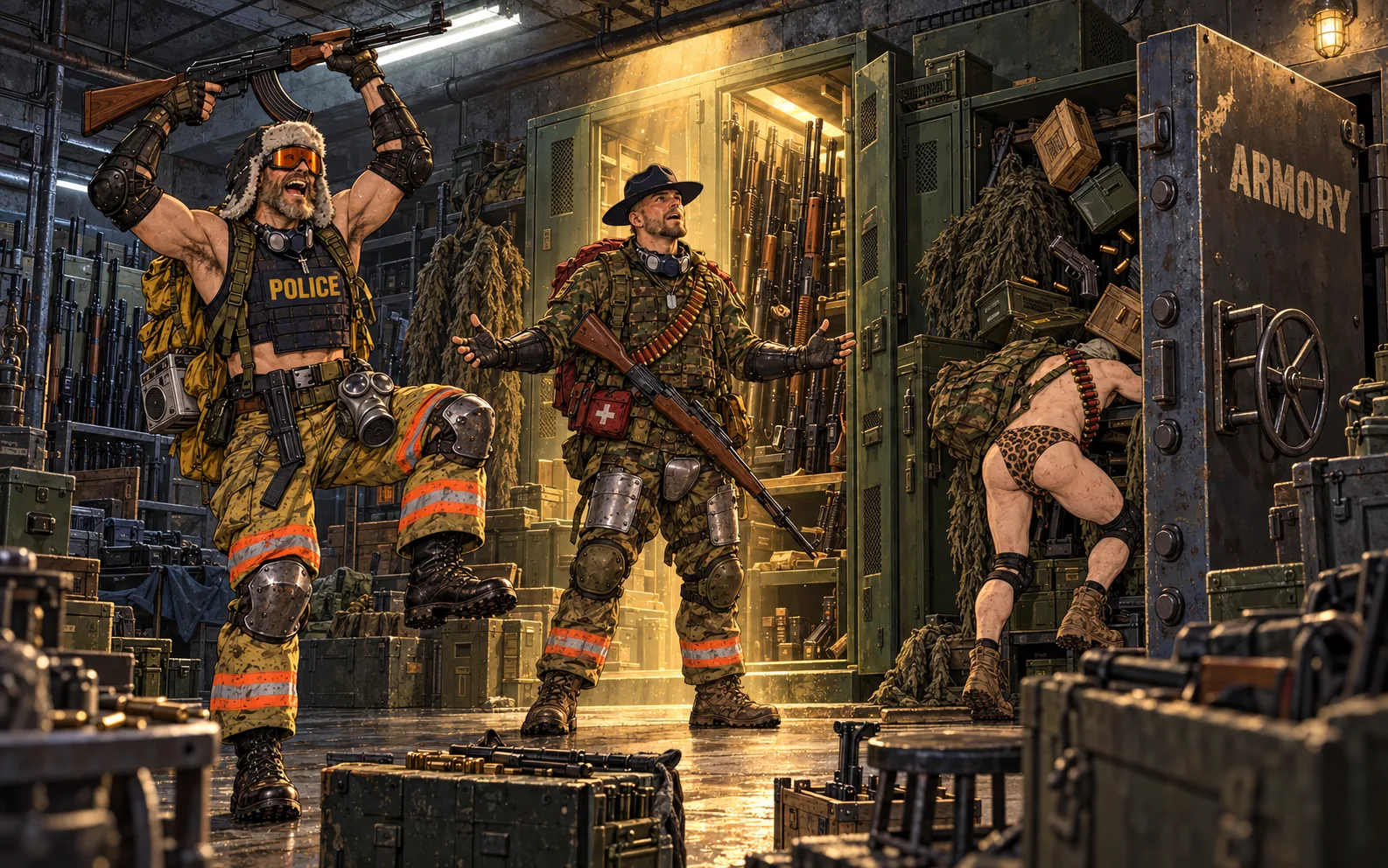 An underground armoury lit gold from an open vault door stencilled ARMORY: a shirtless man in an ushanka and orange ski goggles holds a rifle over his head and kicks up a knee in triumph, a man in a campaign hat and camo spreads his arms in wonder in front of lockers stacked with rifles, and a man in leopard-print briefs has gone head first into a locker full of ghillie suits and ammo boxes.