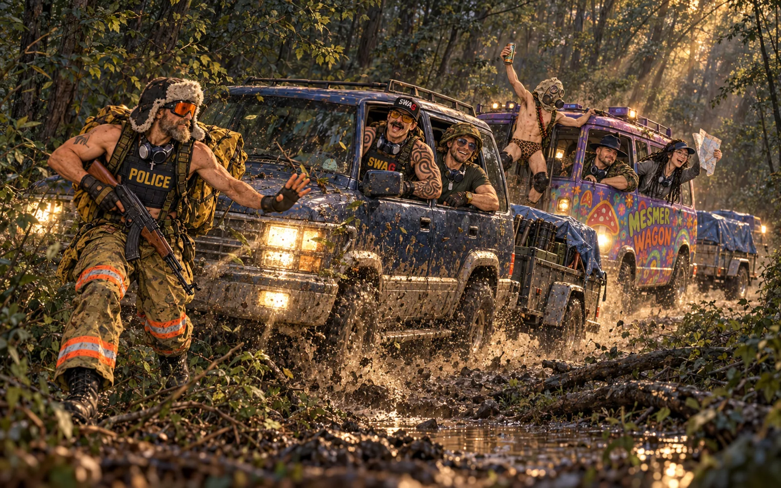 A convoy crashing along a muddy forest track in low golden light: a man in an ushanka and orange ski goggles walks point with a rifle, waving the cars on; behind him a mud-splattered blue SUV with two grinning men leaning out of the windows, then a psychedelic van painted Mesmer Wagon with a man in leopard-print briefs and a gas-mask hood standing out of the roof holding up a can, and a woman in glasses leaning out waving a map; both vehicles tow trailers under blue tarps.