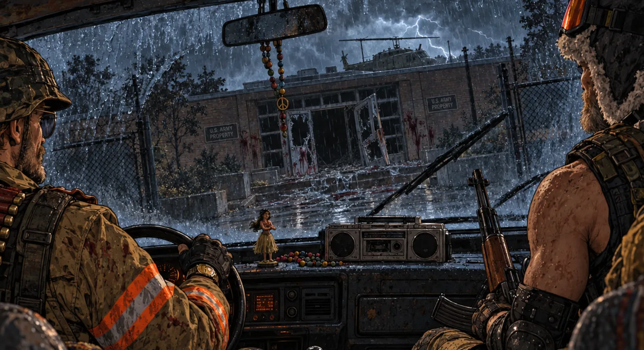 From the back seat of the psychedelic van at night in a storm: the man in the camo helmet and aviators at the wheel on the left, the man in the ushanka and orange goggles with a rifle on the right, both staring through the rain-streaked windshield at the dark, bloodied entrance of the brick facility, its glass doors smashed, a helicopter on the roof lit by lightning; a boombox and a hula girl on the dashboard, beads hanging from the mirror.