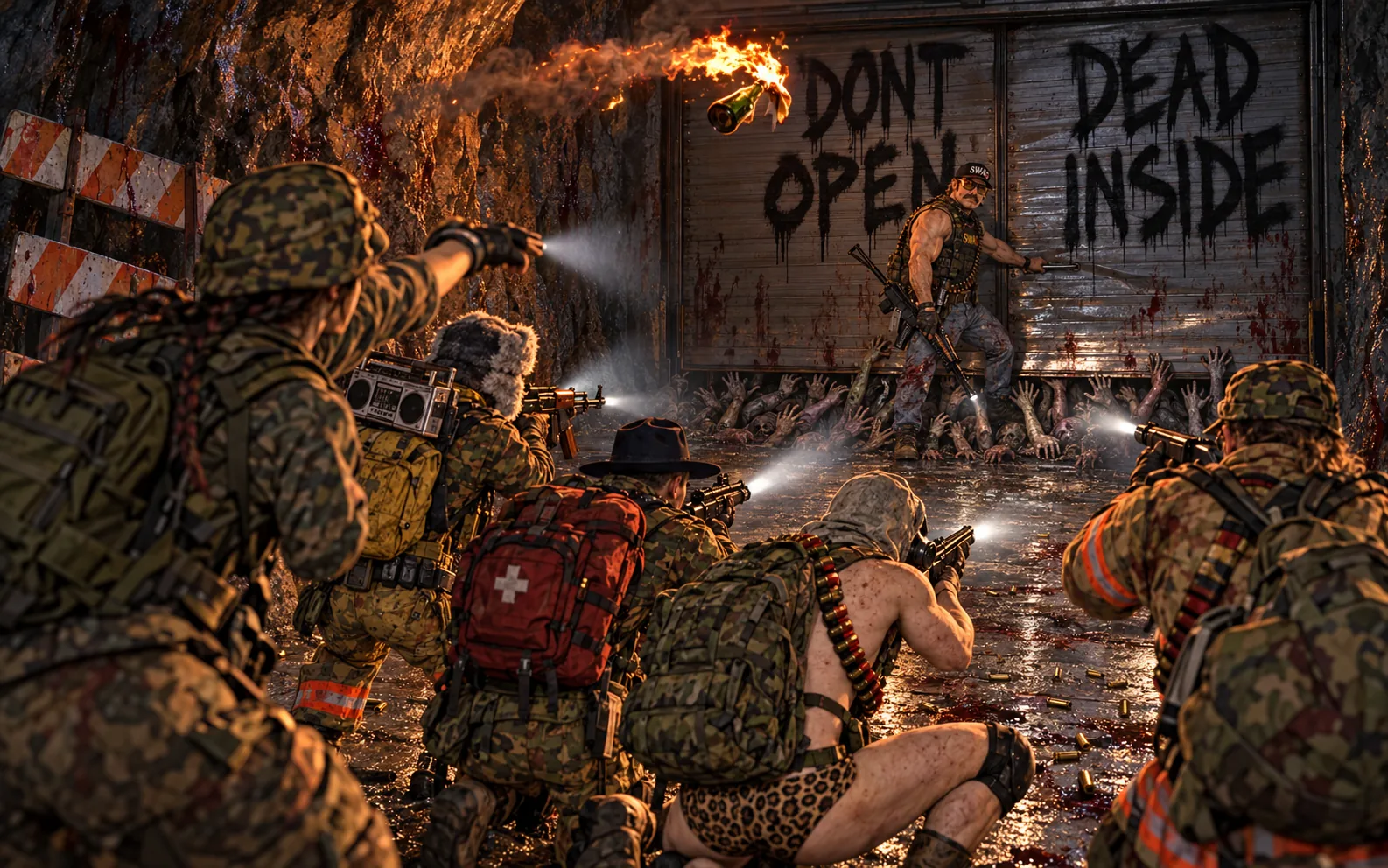 Seen from behind a crouching firing line in a cave, five raiders aim rifles and flashlights at a rolling steel door daubed DONT OPEN DEAD INSIDE; a moustached man in a black cap and plate vest heaves the door up while dozens of grey arms reach out from under it, and a lit Molotov arcs overhead.