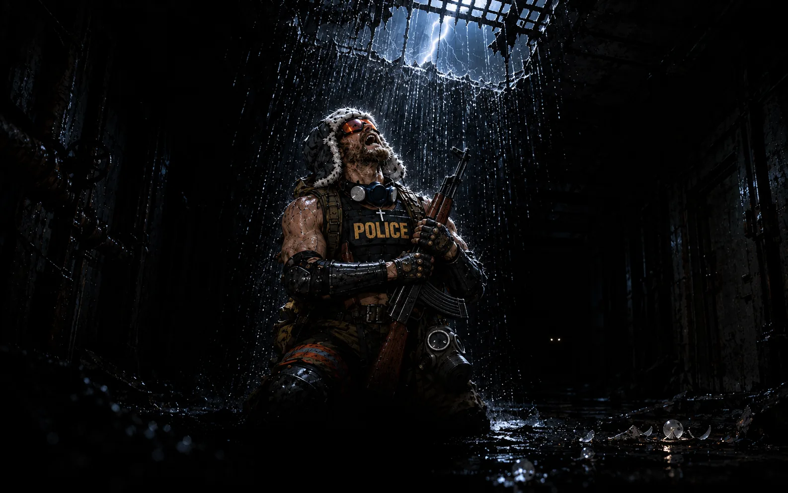 In near-total darkness a man in an ushanka, orange ski goggles and a POLICE vest kneels in a flooded concrete corridor under a broken grate, rain pouring down on him and lightning in the sky above, screaming upwards with a rifle clutched to his chest; burst light bulbs lie in the water around him.