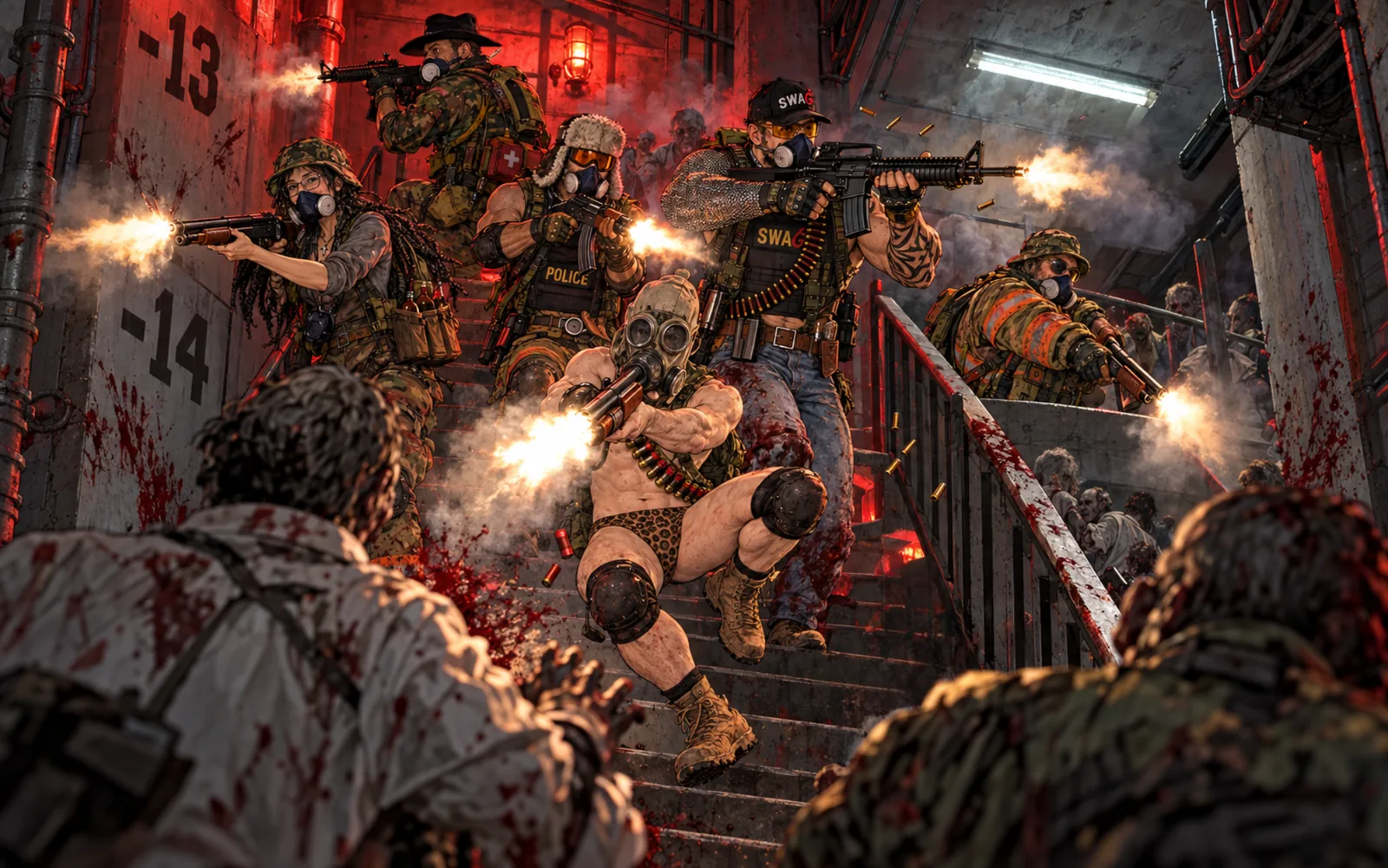 Six raiders fight their way down a blood-spattered concrete stairwell under red emergency light, floor numbers -13 and -14 painted on the walls, respirators on: a woman in glasses and a camo helmet firing a shotgun, a man in a campaign hat, a shirtless man in an ushanka and orange goggles, a man in a black cap and amber glasses with a rifle, a man in a gas-mask hood and leopard-print briefs firing a shotgun from a crouch, and a man in a firefighter coat; zombies close in from below.