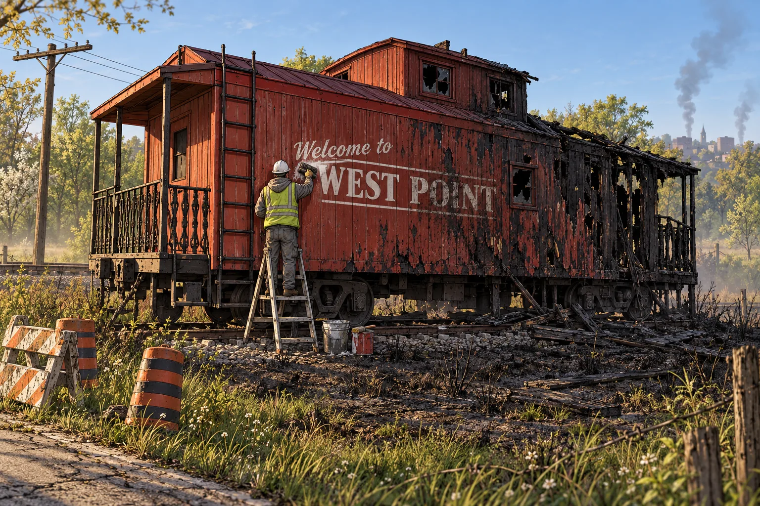 Morning by the tracks: a red wooden caboose lettered Welcome to WEST POINT, its far end burned black to the frame with windows smashed and the roof edge gone, stands in a wide patch of scorched ground and charred boards; one worker in a white hard hat and hi-vis vest on a stepladder scrubs the soot off the lettering, a bucket and a can of red paint at the foot of the ladder, roadwork barrels and a striped barrier on the verge and two thin smoke trails over the town beyond the trees.