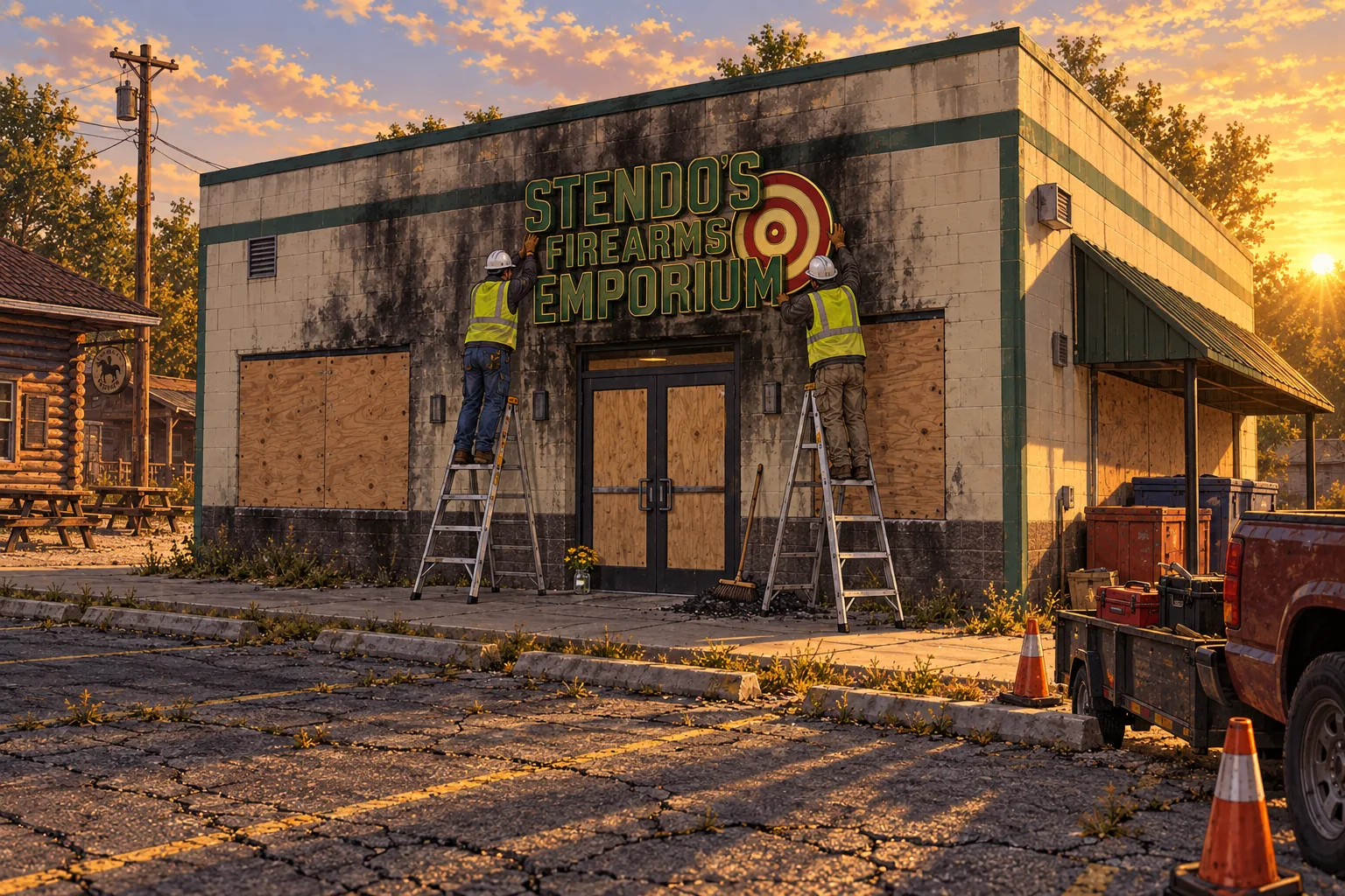 Sunset over a cracked car park: two workers in white hard hats and yellow hi-vis vests, on stepladders either side of the boarded-up doors, lift a big green-and-gold STENDO'S FIREARMS EMPORIUM sign with a red bullseye back onto a soot-blackened cream block wall; a jar of yellow wildflowers on the step, a broom and a swept pile of ash, a red pickup with a trailer of tool chests and a log-cabin bar beside it.