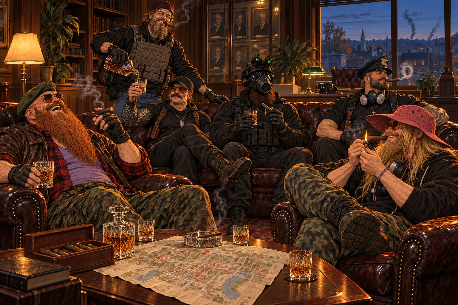 Evening in a wood-panelled office: six men round a low table on buttoned leather chesterfields. In the front armchairs a bald man with a huge ginger beard, an olive beret and aviators sits back laughing with a cigar and a whiskey, and a long-haired blond man in a pink wide-brim hat, one boot on his knee, lights a fresh cigar; between them a hand-drawn town map lies on the table, its blocks circled in red. Behind them a bearded man in a plum beanie and a bulletproof vest pours whiskey for a moustached man in a cap and a chainmail sleeve, a man in a gas mask and night-vision helmet holds a glass and a cigar he can't use, and a man in a police peaked cap blows a smoke ring. A decanter, tumblers, an ashtray and a box of cigars sit on the map; old portraits and a green banker's lamp behind, a dusk town with thin smoke trails through the window.