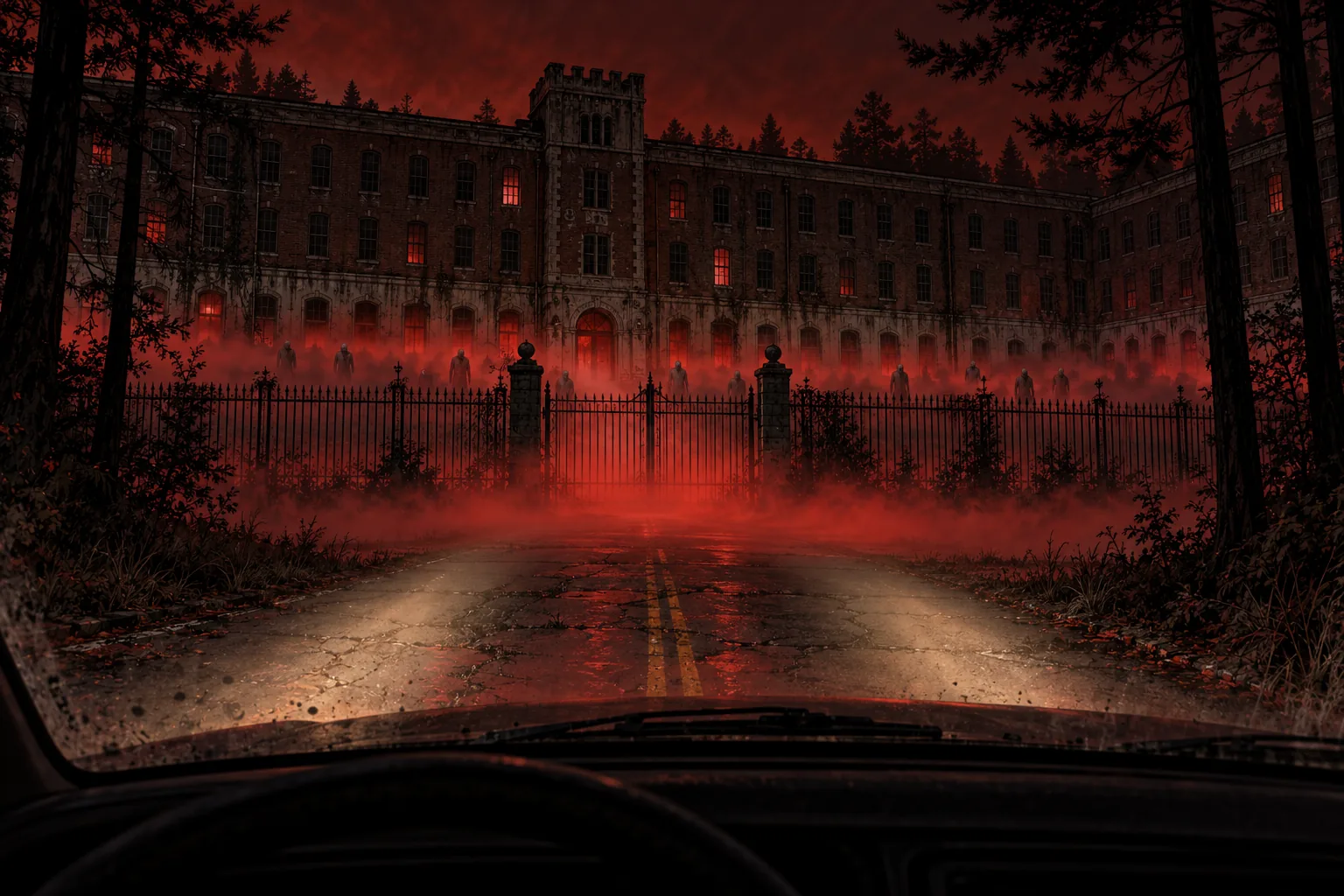 Night, through the dirty windscreen of a stopped car on a cracked road in the pines: a huge red brick sanatorium with a square crenellated tower in the middle fills the view behind a long fence of black iron bars and a shut iron gate, red mist pouring out of its ground-floor windows and doorways and rolling across the lawn and onto the road, a few upper windows glowing red, a crowd of pale hunched figures standing in the mist on the lawn facing the car, the sky dark red.
