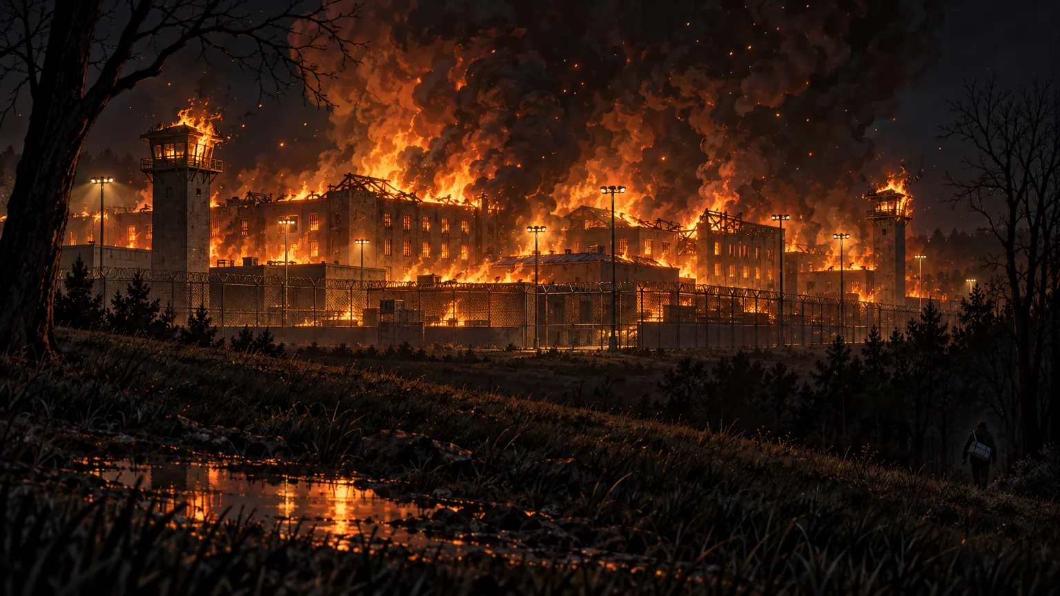 Night, from a wet grassy hill: a big prison complex burns from end to end behind its fence, flames pouring from every cell-block window and both guard towers, black smoke lit orange above it, the glow reflected in a puddle in the foreground; far down in the lower right corner, almost lost in the dark, one small figure walks away into the trees with a bag over one shoulder.