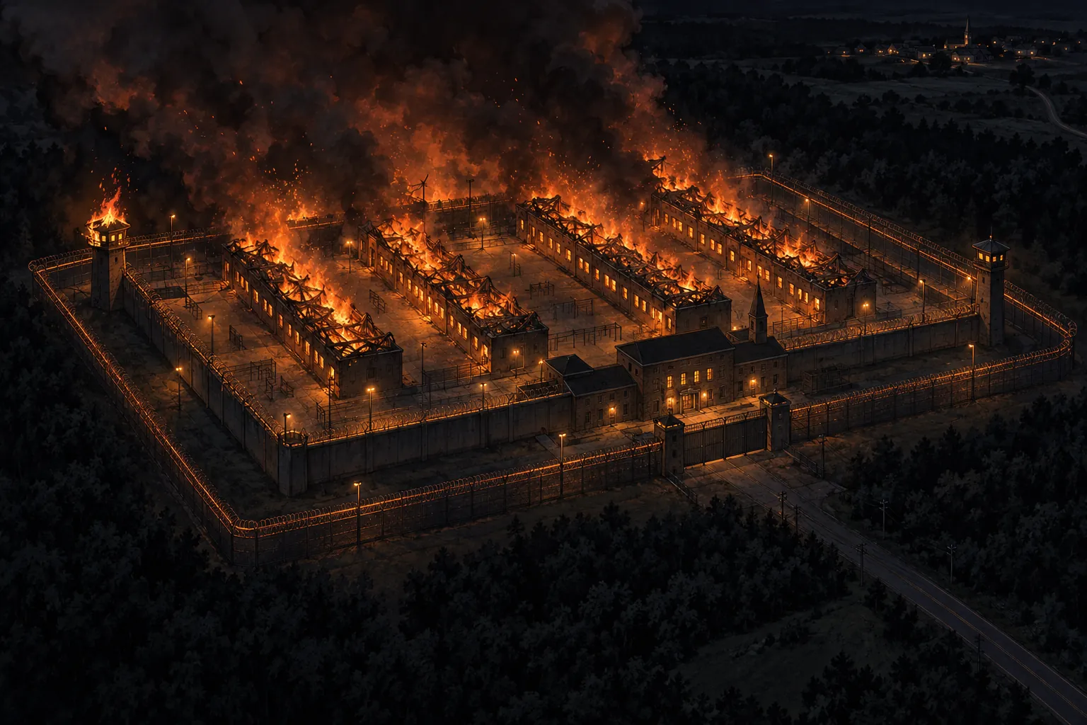 Night, seen from high in the air: a big state prison in dark woods, its four long cell blocks burning from end to end with their roofs fallen in, one guard tower alight like a torch and black smoke lit orange rolling across the sky, all of it inside an unbroken ring of fence and razor wire glowing in the firelight, an empty road running off into the dark and a small town's lights far away in the corner.