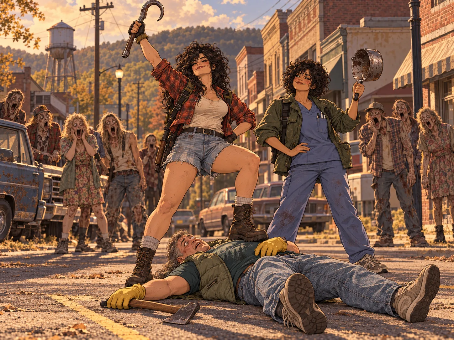 Two women stand victorious in a small-town main street, one holding up a meat hook, the other a saucepan, a foot on a big man in yellow dish gloves lying on his back; zombies across the street stare in shock.
