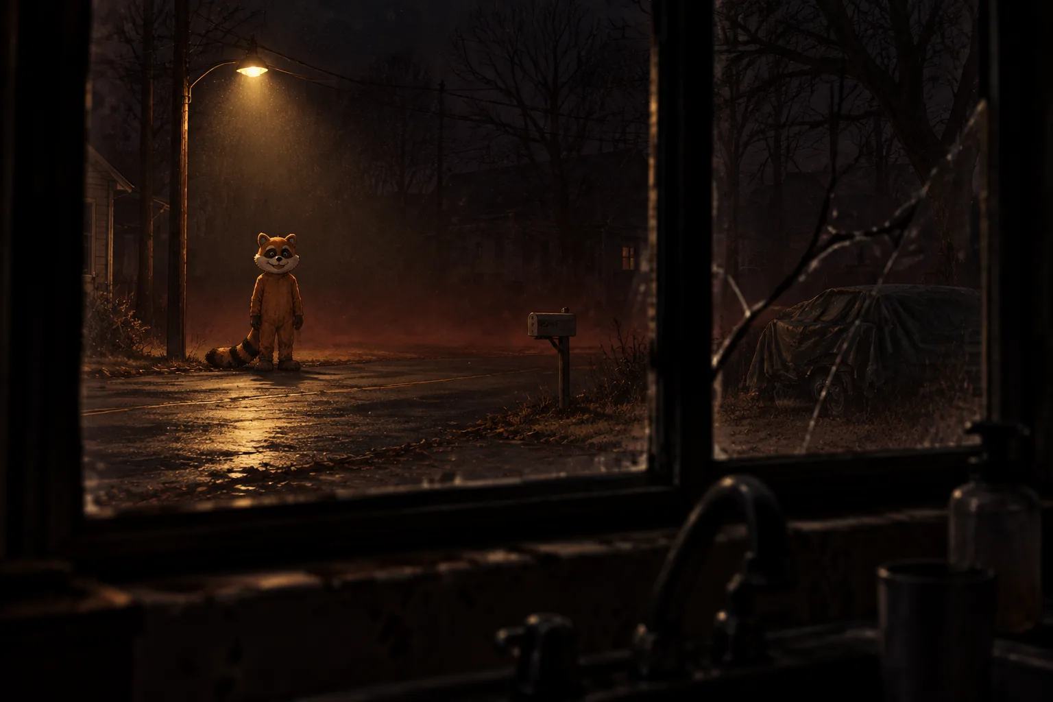 Night, through a cracked kitchen window over a dark sink: on a wet empty street in thin red mist, a figure in a full orange raccoon mascot costume with a white-cheeked grinning head and a ringed tail stands perfectly still under a lone streetlight, facing the window, a mailbox and a car under a tarp nearby and bare trees behind.