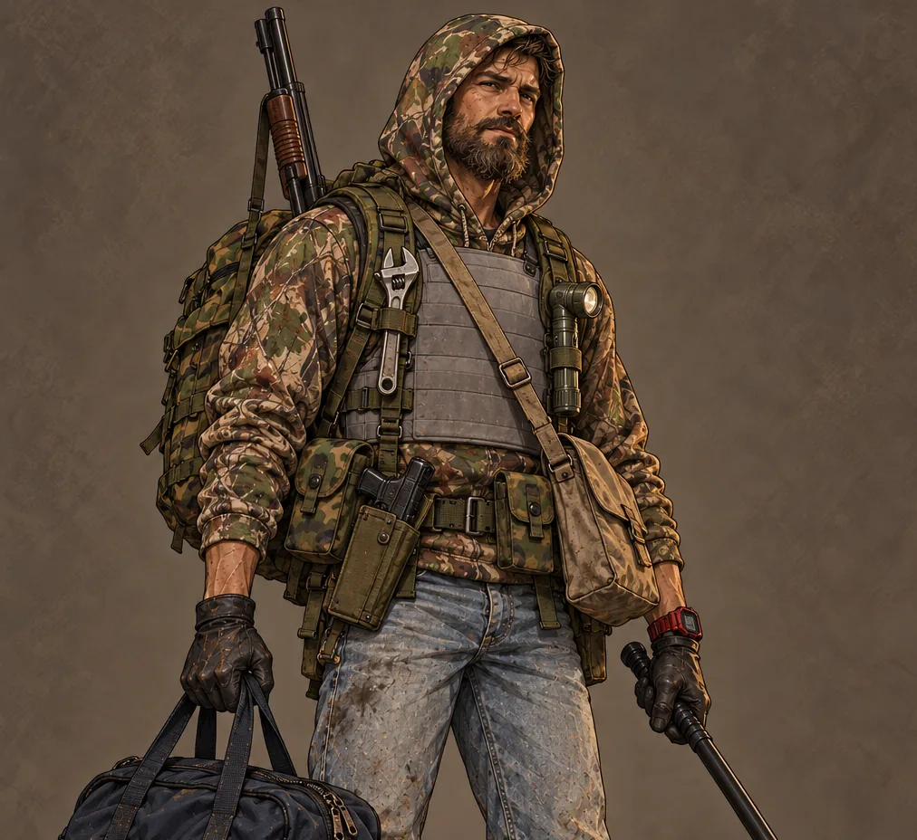 A lean man with a mid-brown beard, the hood of a camo hunting hoodie up, a grey plate vest and woodland-camo webbing hung with a wrench and an angle-head flashlight, a pump shotgun slung on his back, a navy duffel in one hand and a nightstick in the other.