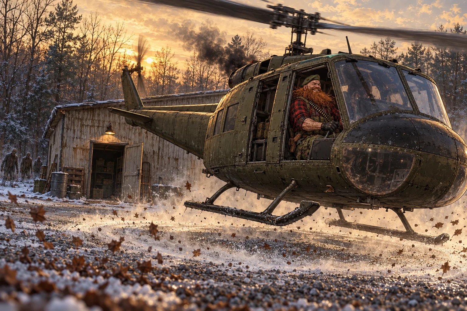 At sunset behind a weathered wooden army surplus store, an olive Huey lifts a few feet off the frosty gravel, rotor wash blasting snow and dead leaves, while a bald man with a huge ginger beard and a beret grins at the controls through the open door and a few of the dead watch from the store's back door.