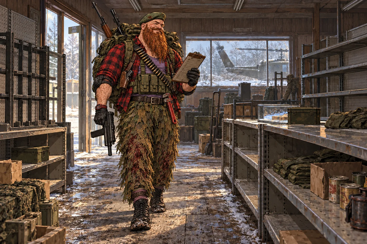 Inside a stripped army surplus store, a bald man with a long ginger beard, a beret, a red check flannel and ghillie trousers walks down an aisle of empty metal shelves with a clipboard in his hand and his pack stuffed full, an olive helicopter tail showing through the window behind him.