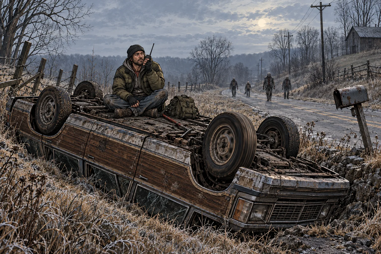 A frosty morning on a back road: a wood-panelled station wagon lies upside down in a ditch, and a man in a puffer jacket and beanie sits cross-legged on top of it talking into a walkie-talkie while three monsters shuffle up the road behind him.