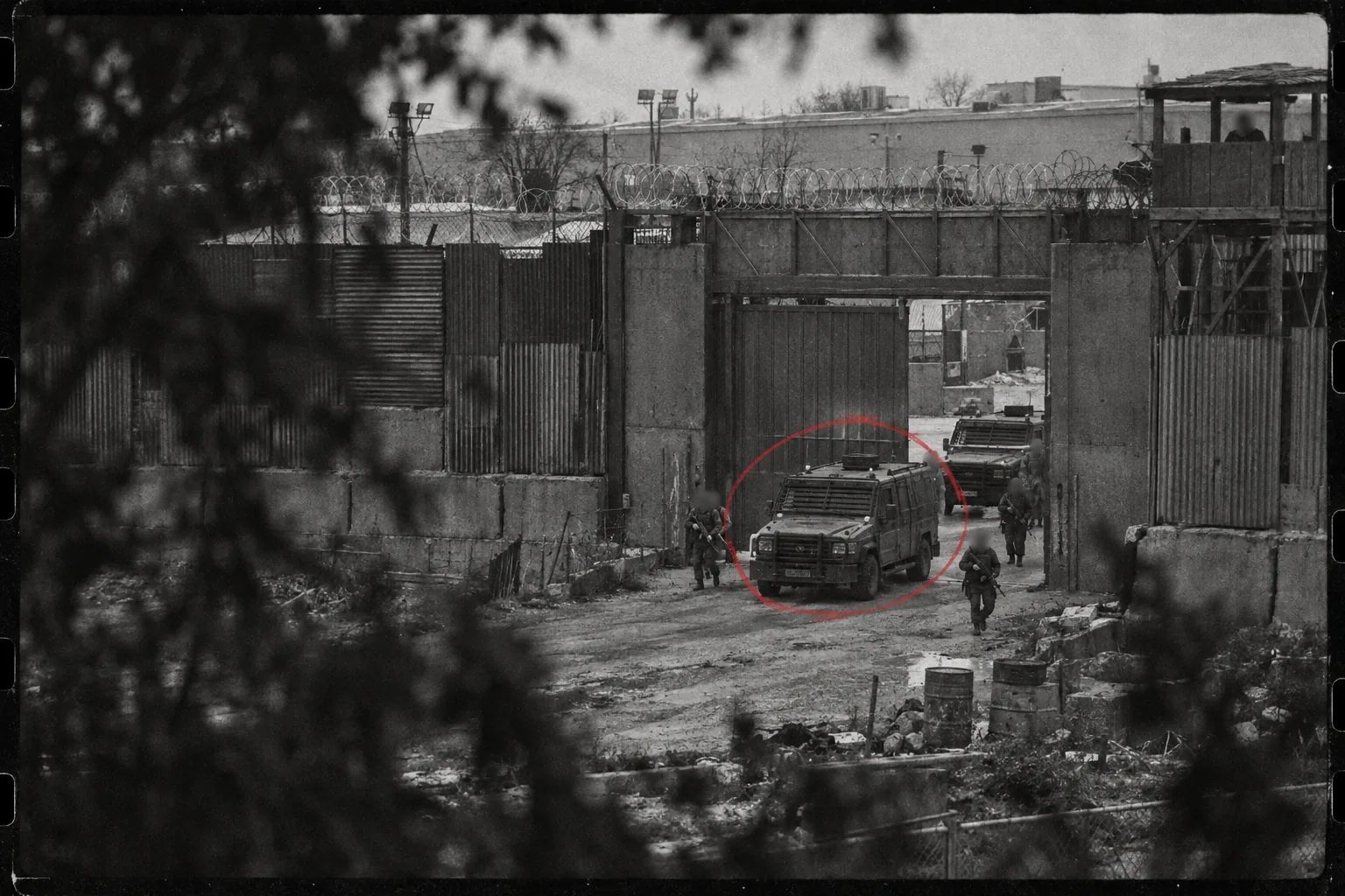 A grainy black-and-white telephoto shot through out-of-focus leaves: an armoured truck with slatted window grilles rolls out of the steel gate of a walled compound topped with razor wire and a wooden watchtower, a second armoured truck behind it and armed figures in plate carriers walking alongside, every face blurred out, a red grease-pencil circle drawn round the first truck.