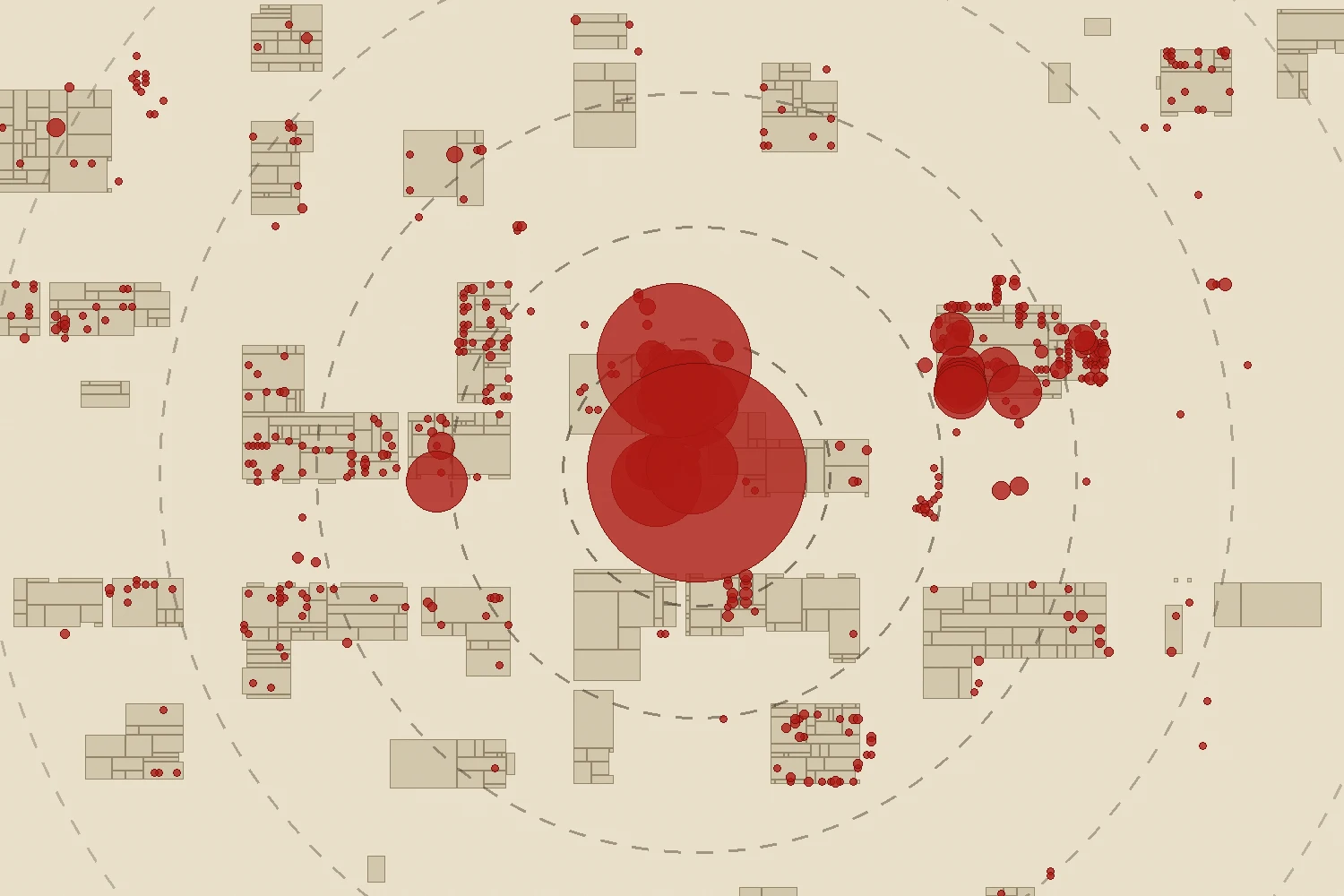 An ink map of West Point's town square: building footprints, a scatter of small black dots for items lying on floors around town, and one enormous black mass of overlapping dots over town hall, ringed by dashed circles.