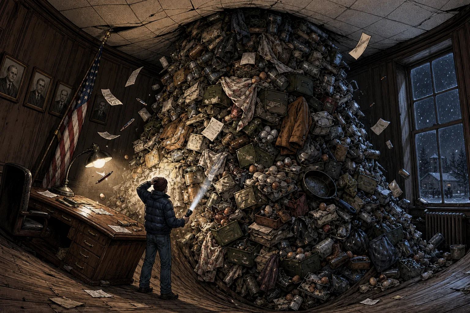 A mayor's office at night: a heap of ammo boxes, paperwork, banknotes, eggs, trash bags and jackets rises to the ceiling and bends the room toward it, the desk sliding in, the flag leaning, papers floating, and a small survivor with a flashlight looks up at it.
