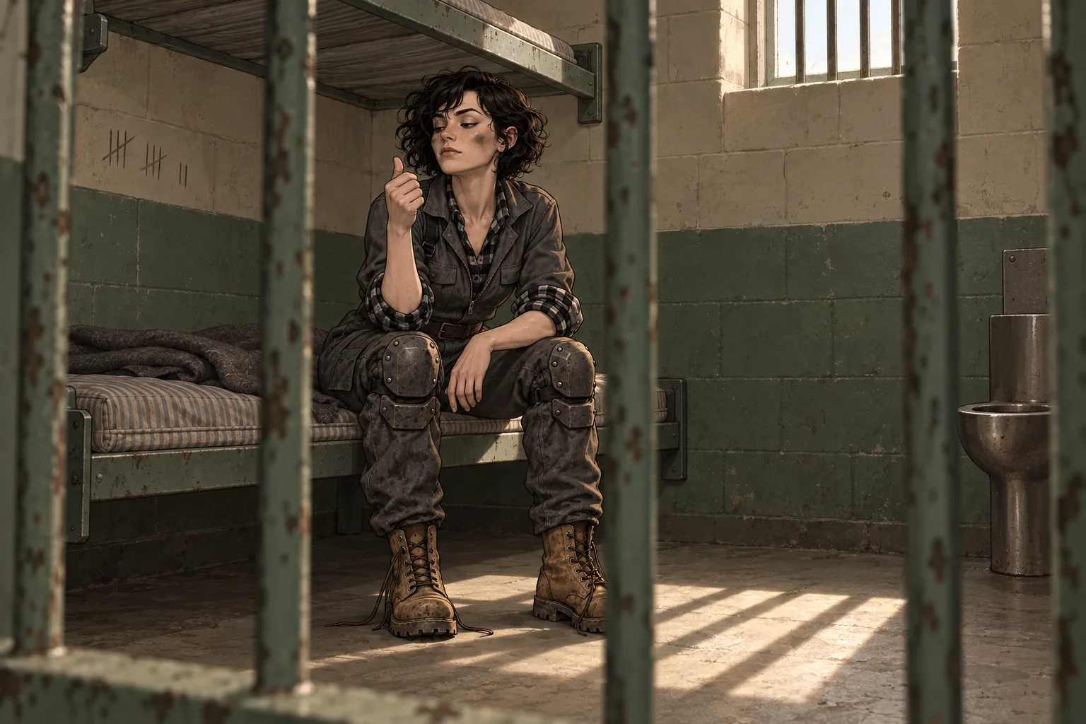 Through rusted green prison bars: the woman in the grey boilersuit sits slumped on a steel bunk in a two-tone cinderblock cell, boots unlaced, staring at her empty raised hand as her thumb flicks at a lighter that isn't there, tally marks scratched on the wall behind her.
